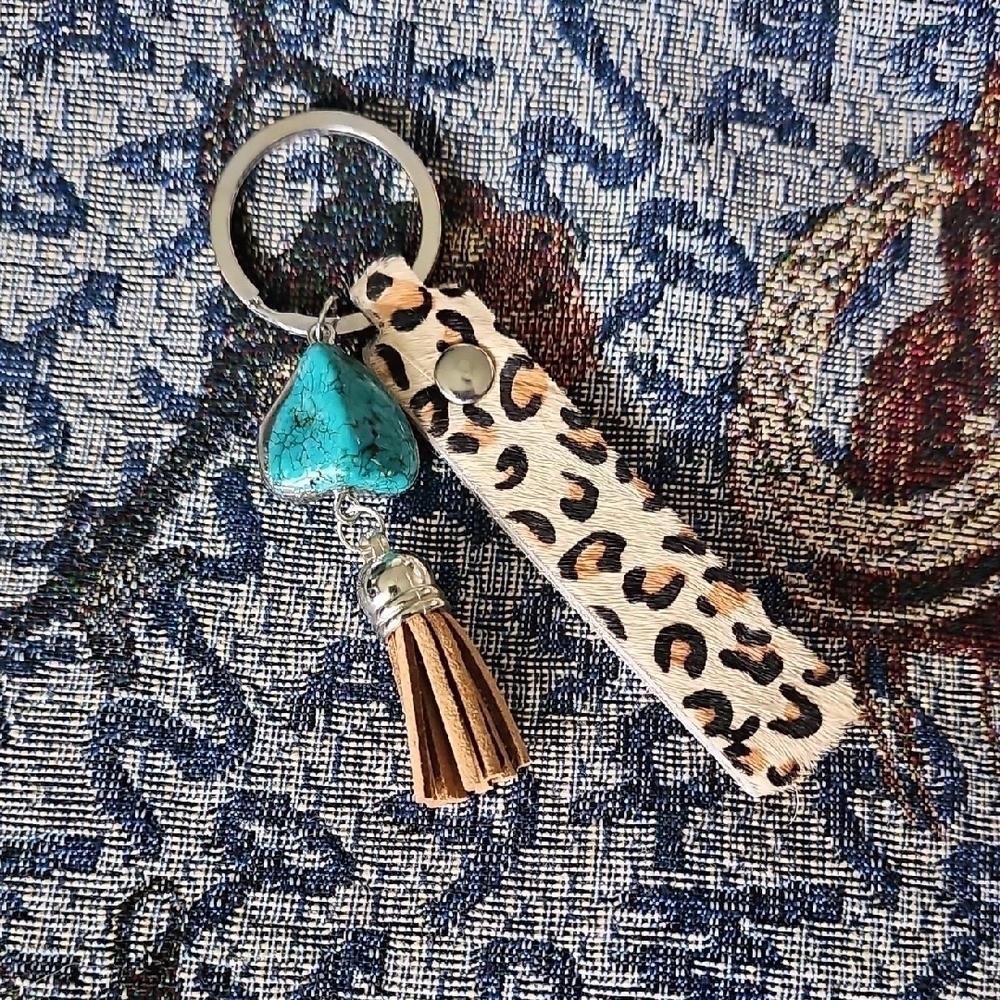Leopard Print Keychain with Turquoise Charm